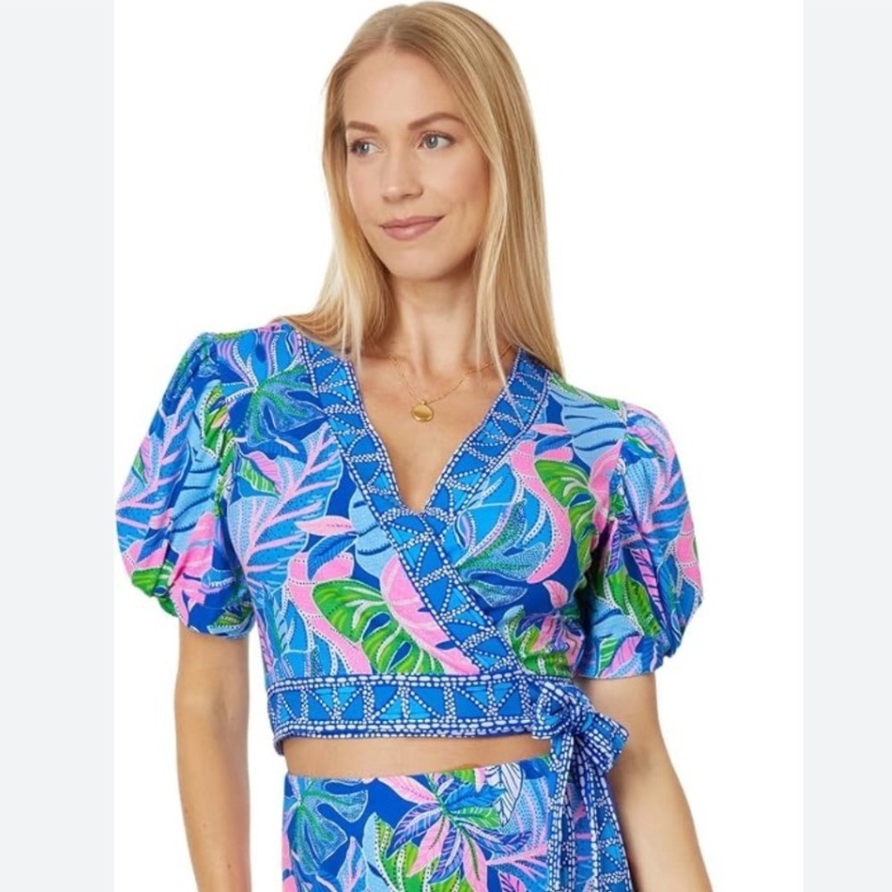 Lilly Pulitzer Tropical Palm Print Tie Front Wrap Top Blue Pink Large